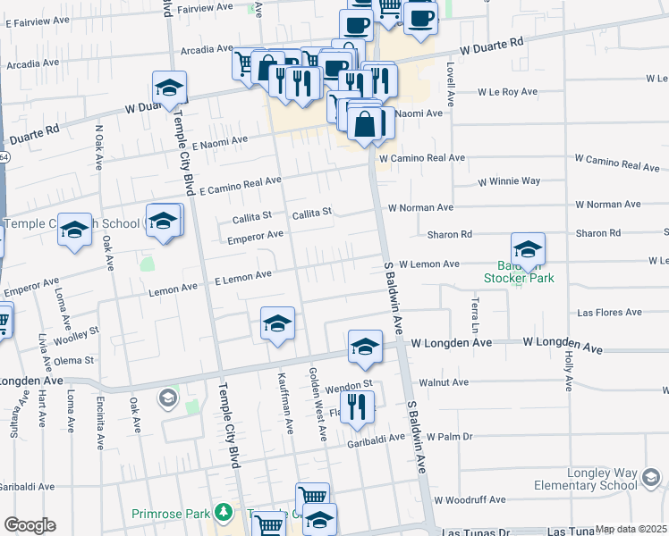 map of restaurants, bars, coffee shops, grocery stores, and more near 9850 East Lemon Avenue in Arcadia