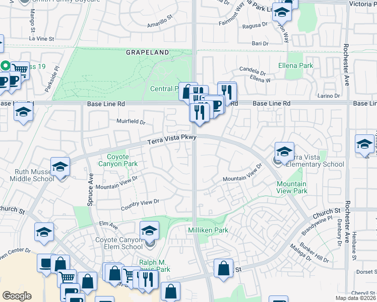 map of restaurants, bars, coffee shops, grocery stores, and more near 11273 Terra Vista Parkway in Rancho Cucamonga