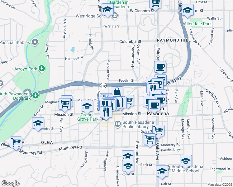 map of restaurants, bars, coffee shops, grocery stores, and more near 1018 Magnolia Street in South Pasadena