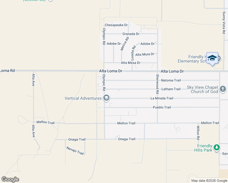 map of restaurants, bars, coffee shops, grocery stores, and more near 60219 Latham Trail in Joshua Tree