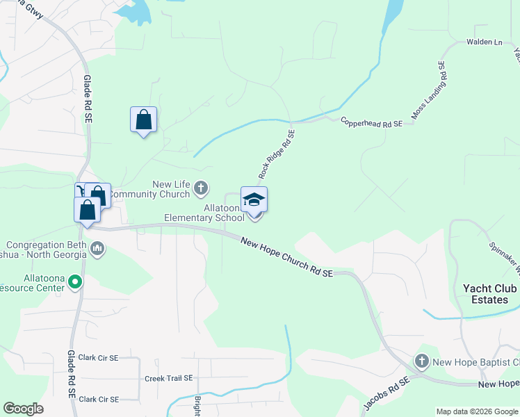 map of restaurants, bars, coffee shops, grocery stores, and more near 4150 New Hope Church Road Southeast in Acworth