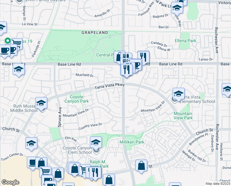 map of restaurants, bars, coffee shops, grocery stores, and more near 11253 Terra Vista Parkway in Rancho Cucamonga