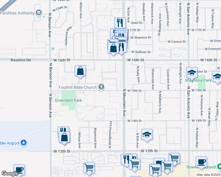 map of restaurants, bars, coffee shops, grocery stores, and more near 1269 West 15th Street in Upland
