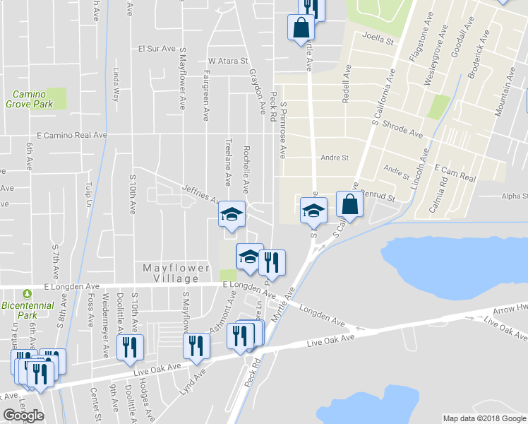 map of restaurants, bars, coffee shops, grocery stores, and more near 2576 Rochelle Avenue in Monrovia