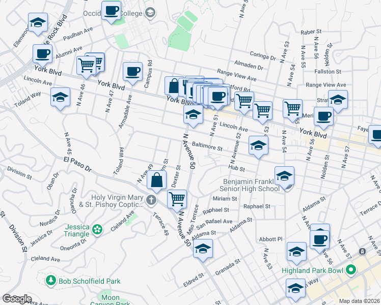 map of restaurants, bars, coffee shops, grocery stores, and more near 1020 Dexter Street in Los Angeles