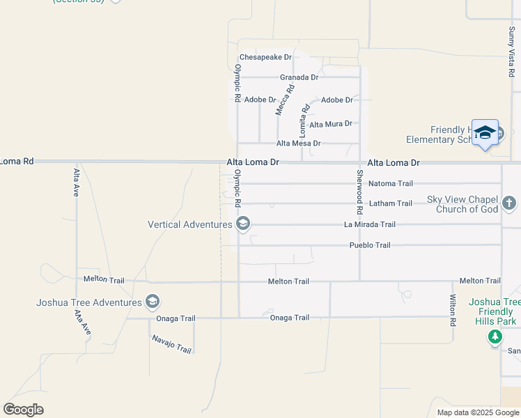 map of restaurants, bars, coffee shops, grocery stores, and more near 60219 Latham Trail in Joshua Tree