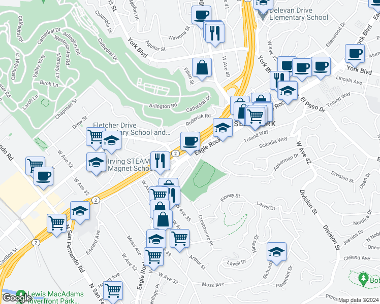 map of restaurants, bars, coffee shops, grocery stores, and more near 3709 Eagle Rock Boulevard in Los Angeles