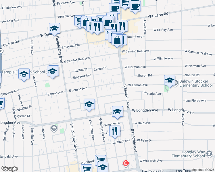 map of restaurants, bars, coffee shops, grocery stores, and more near 9850 East Lemon Avenue in Arcadia