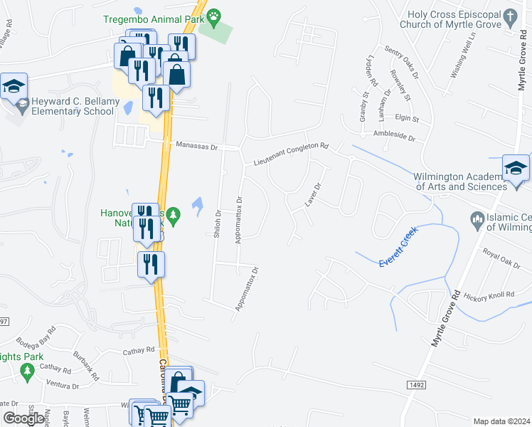 map of restaurants, bars, coffee shops, grocery stores, and more near Liberty Landing Way in Wilmington