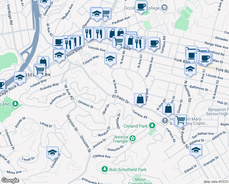 map of restaurants, bars, coffee shops, grocery stores, and more near 1213 North Avenue 45 in Los Angeles
