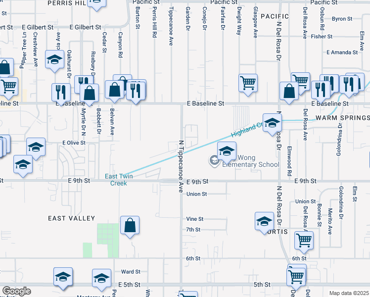 map of restaurants, bars, coffee shops, grocery stores, and more near 1155 North Tippecanoe Avenue in San Bernardino