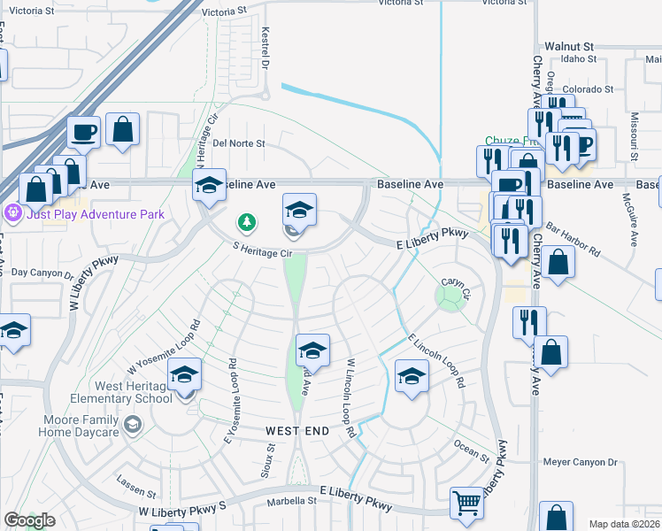 map of restaurants, bars, coffee shops, grocery stores, and more near 7482 Cambridge Street in Fontana