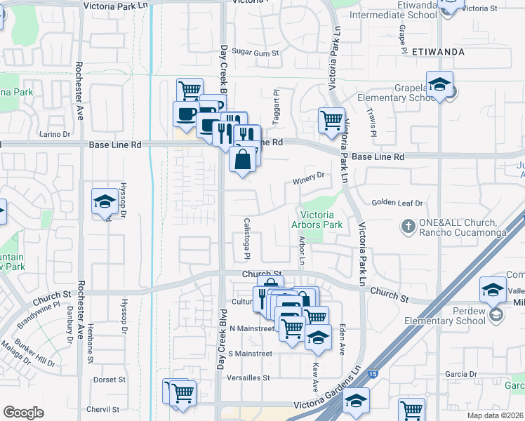 map of restaurants, bars, coffee shops, grocery stores, and more near 7494 Oakford Court in Rancho Cucamonga