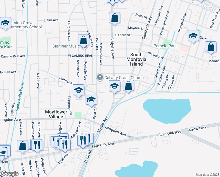 map of restaurants, bars, coffee shops, grocery stores, and more near 2548 Peck Road in Monrovia