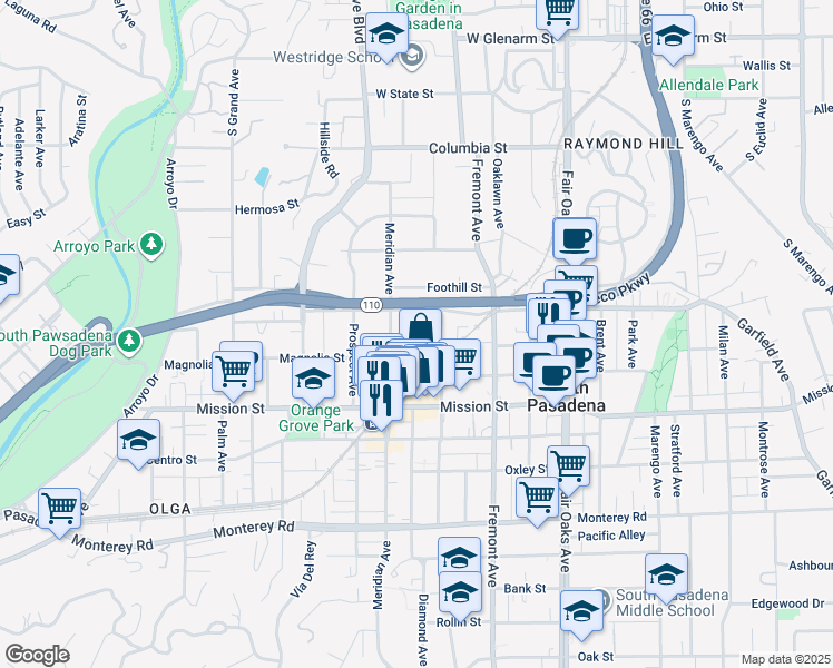 map of restaurants, bars, coffee shops, grocery stores, and more near 1011 Magnolia Street in South Pasadena
