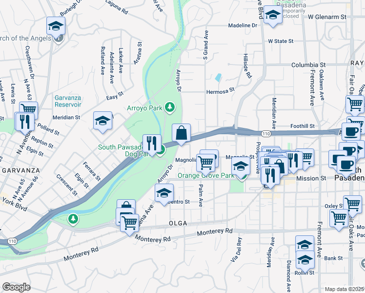 map of restaurants, bars, coffee shops, grocery stores, and more near 660 Arroyo Drive in South Pasadena