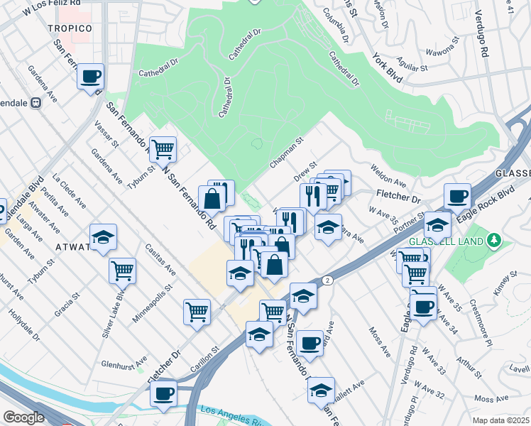 map of restaurants, bars, coffee shops, grocery stores, and more near 3101 Andrita Street in Los Angeles