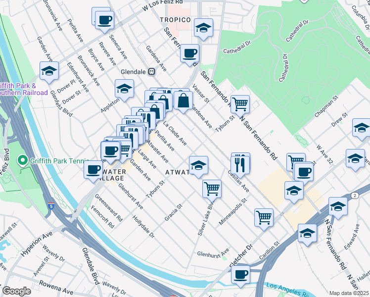 map of restaurants, bars, coffee shops, grocery stores, and more near 3370 Tyburn Street in Los Angeles