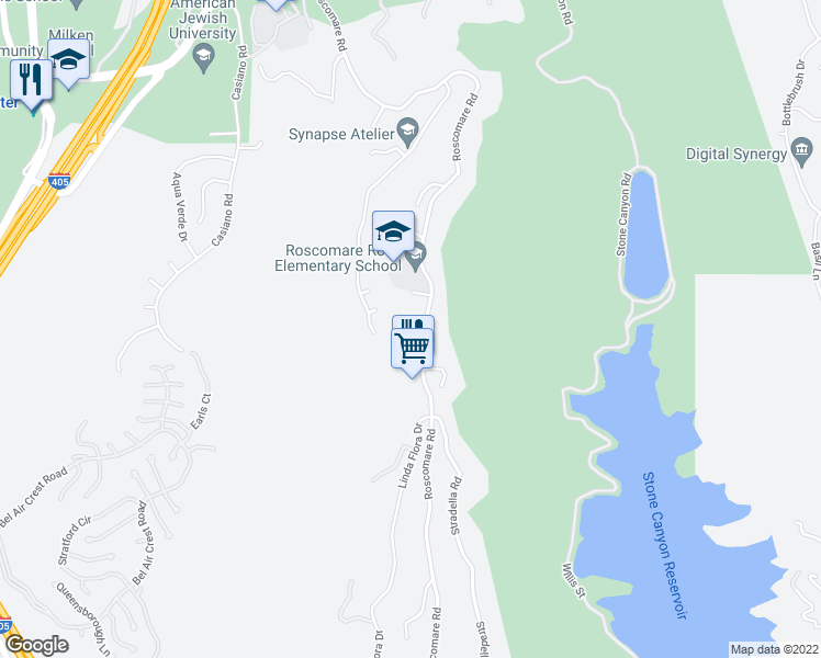 map of restaurants, bars, coffee shops, grocery stores, and more near 2354 Roscomare Road in Los Angeles