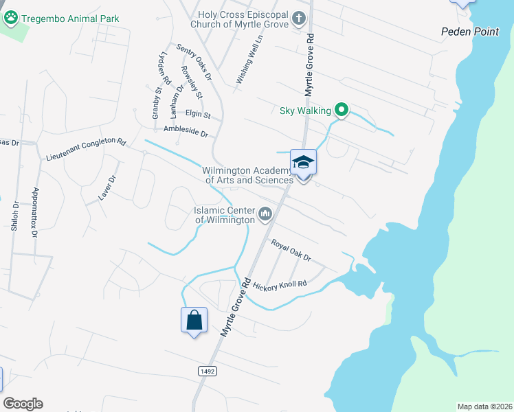map of restaurants, bars, coffee shops, grocery stores, and more near 6336 Myrtle Grove Road in Wilmington