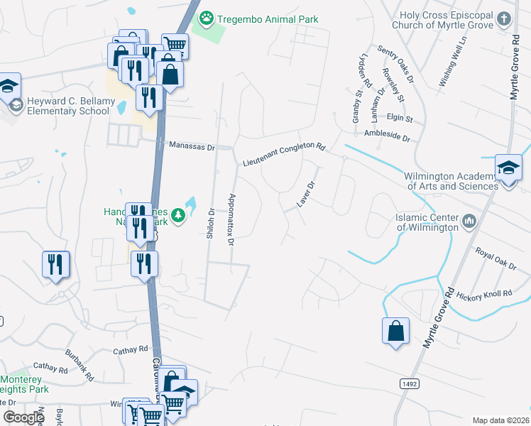 map of restaurants, bars, coffee shops, grocery stores, and more near 765 Liberty Landing Way in Wilmington