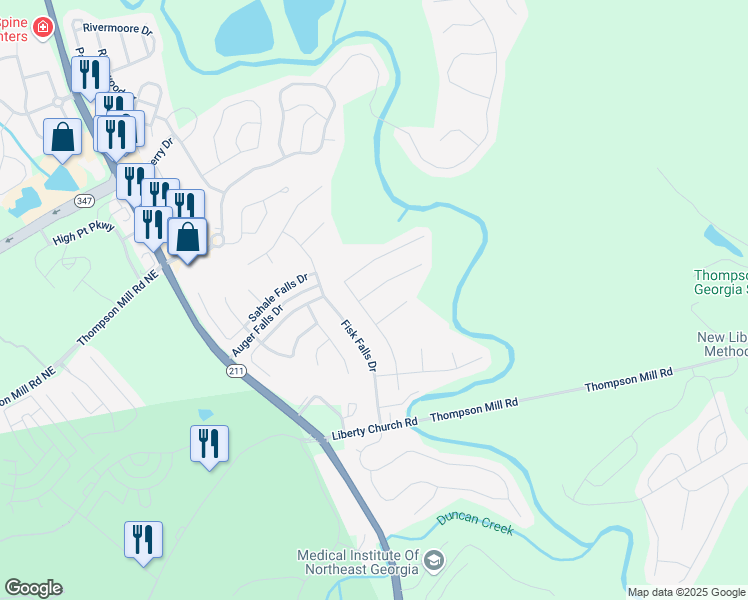 map of restaurants, bars, coffee shops, grocery stores, and more near 1903 Henderson Falls Way in Braselton