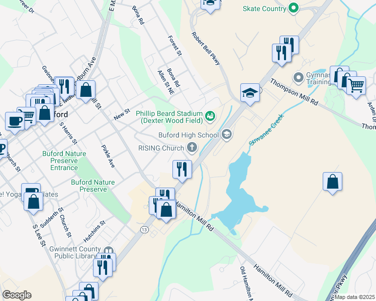 map of restaurants, bars, coffee shops, grocery stores, and more near 389 Mimosa Drive in Buford