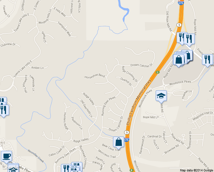 map of restaurants, bars, coffee shops, grocery stores, and more near 203 Beaver Creek Lane in Woodstock