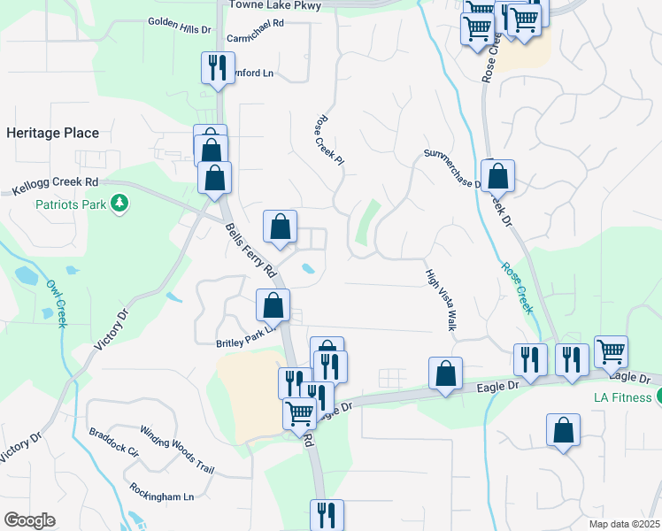 map of restaurants, bars, coffee shops, grocery stores, and more near 521 Mirramont Place in Woodstock