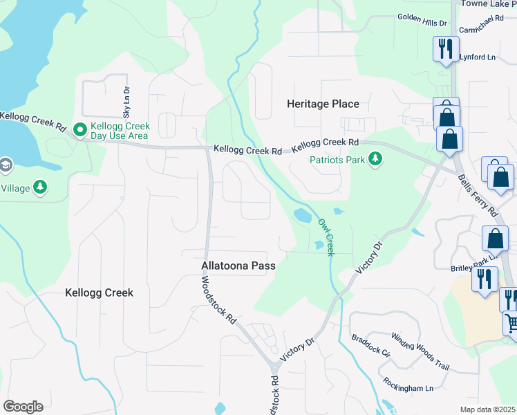 map of restaurants, bars, coffee shops, grocery stores, and more near 247 Creek View Lane in Acworth
