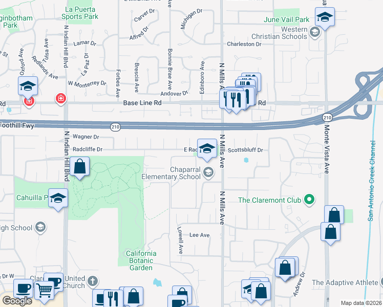 map of restaurants, bars, coffee shops, grocery stores, and more near 378 East Radcliffe Drive in Claremont