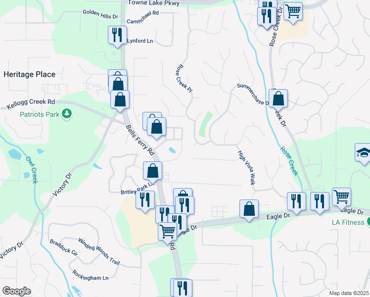 map of restaurants, bars, coffee shops, grocery stores, and more near 521 Mirramont Pl in Woodstock