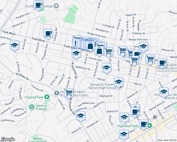 map of restaurants, bars, coffee shops, grocery stores, and more near 1050 North Avenue 51 in Los Angeles