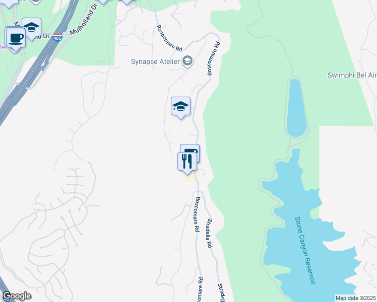 map of restaurants, bars, coffee shops, grocery stores, and more near 2385 Roscomare Road in Los Angeles