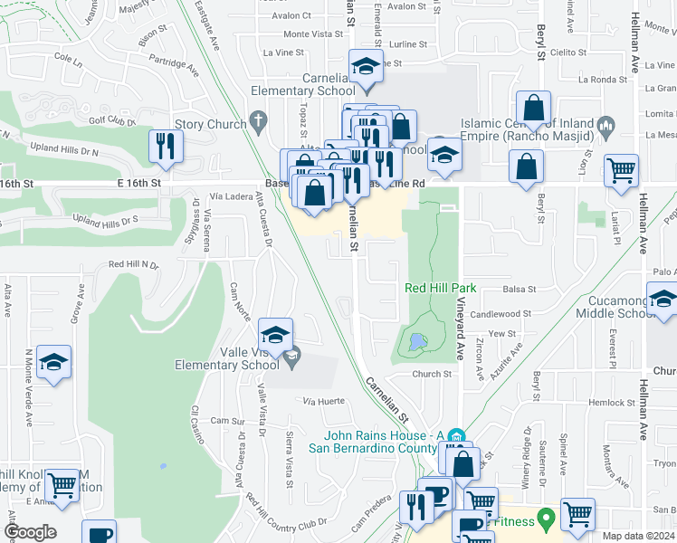 map of restaurants, bars, coffee shops, grocery stores, and more near 8669 Calle Del Prado in Rancho Cucamonga