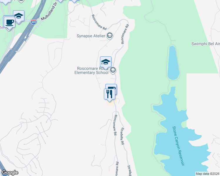 map of restaurants, bars, coffee shops, grocery stores, and more near 2354 Roscomare Road in Los Angeles