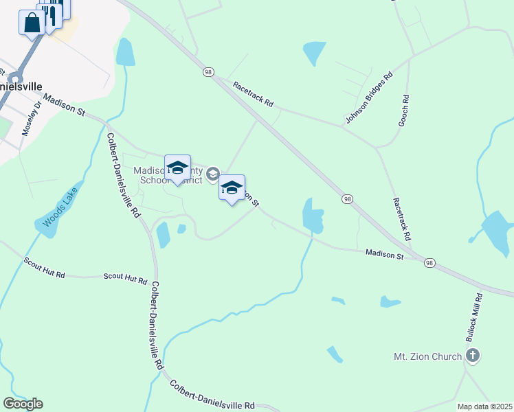 map of restaurants, bars, coffee shops, grocery stores, and more near 800 Madison Street in Danielsville