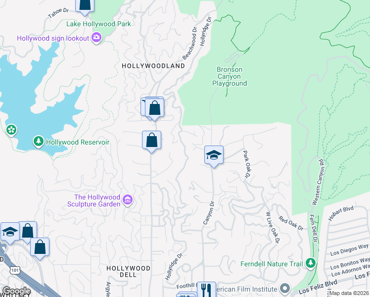 map of restaurants, bars, coffee shops, grocery stores, and more near Hollyridge Drive in Los Angeles