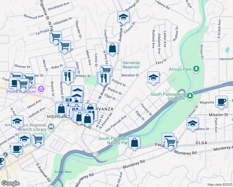 map of restaurants, bars, coffee shops, grocery stores, and more near 6508 Repton Street in Los Angeles