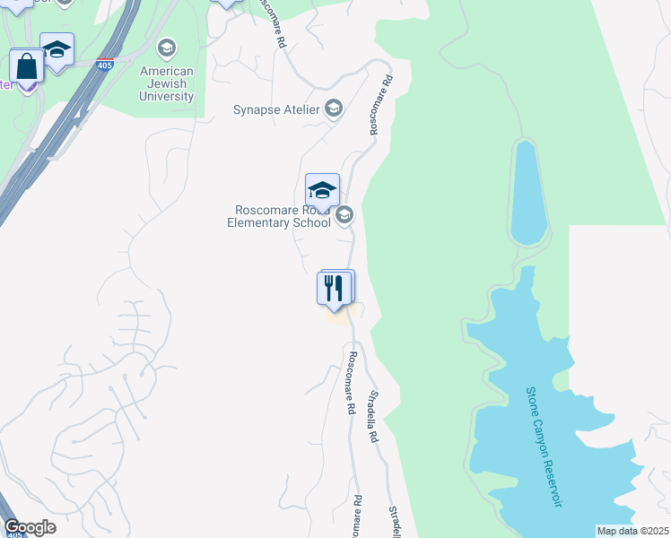map of restaurants, bars, coffee shops, grocery stores, and more near 2385 Roscomare Road in Los Angeles