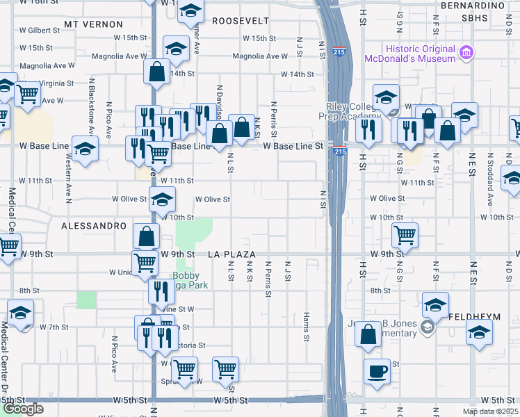 map of restaurants, bars, coffee shops, grocery stores, and more near 1054 West 10th Street in San Bernardino
