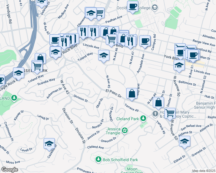 map of restaurants, bars, coffee shops, grocery stores, and more near 1213 North Avenue 45 in Los Angeles