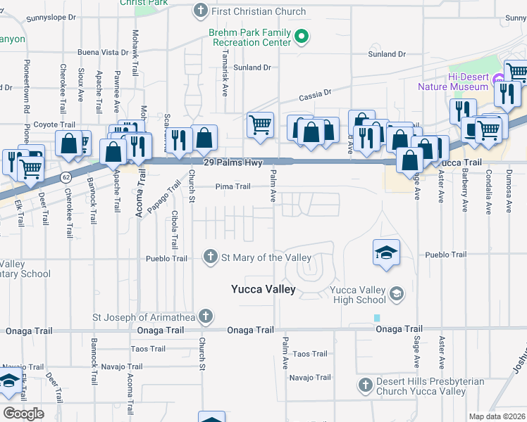map of restaurants, bars, coffee shops, grocery stores, and more near in Yucca Valley
