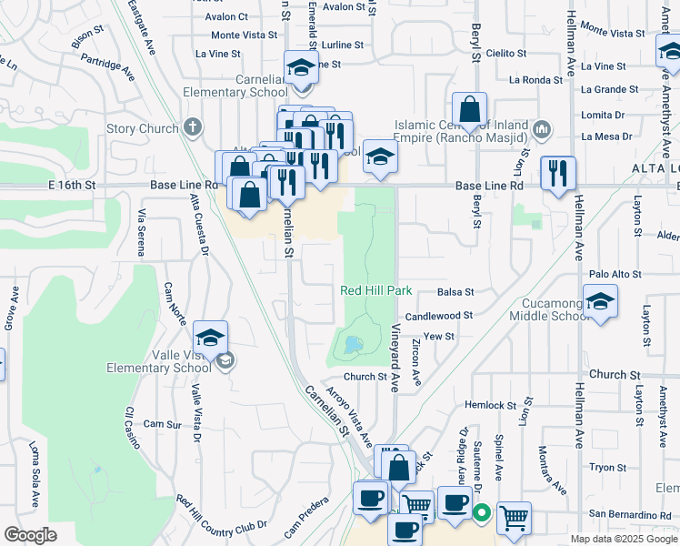 map of restaurants, bars, coffee shops, grocery stores, and more near 7485 Sunstone Avenue in Rancho Cucamonga