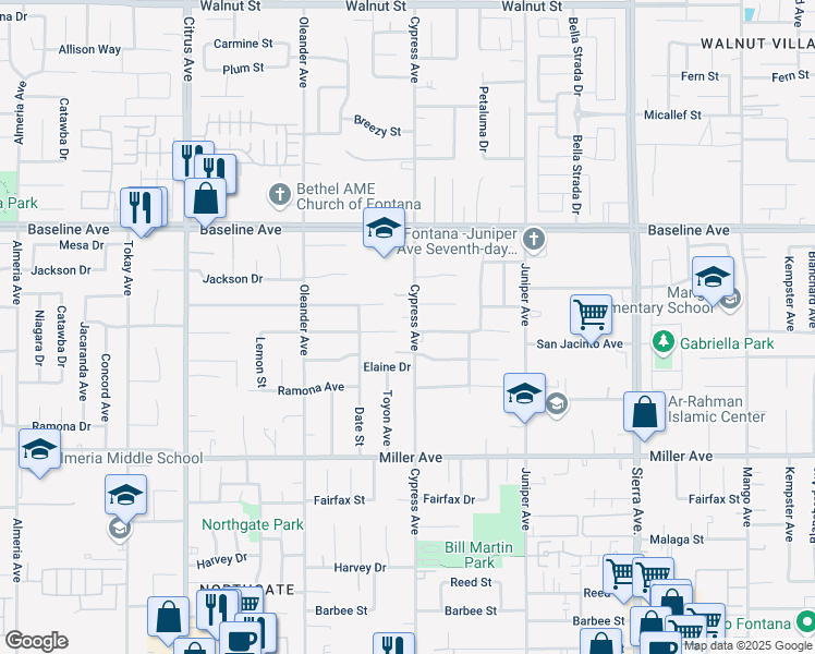 map of restaurants, bars, coffee shops, grocery stores, and more near 7460 Cypress Avenue in Fontana