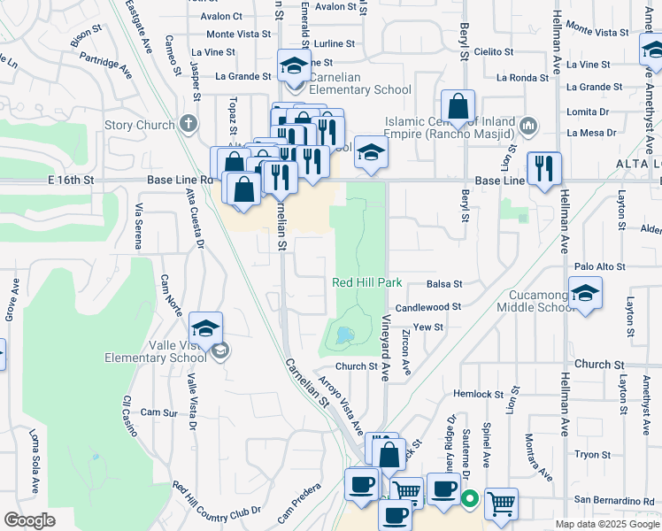 map of restaurants, bars, coffee shops, grocery stores, and more near 7485 Sunstone Avenue in Rancho Cucamonga