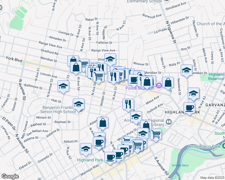 map of restaurants, bars, coffee shops, grocery stores, and more near 5681 Buchanan Street in Los Angeles