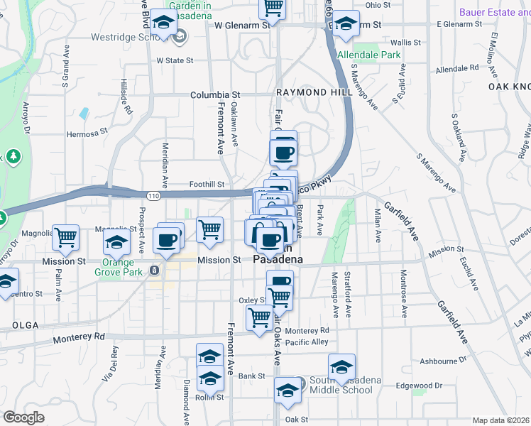map of restaurants, bars, coffee shops, grocery stores, and more near 711 Fair Oaks Avenue in South Pasadena