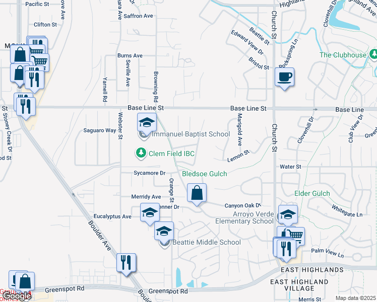 map of restaurants, bars, coffee shops, grocery stores, and more near 7459 Melanie Court in Highland