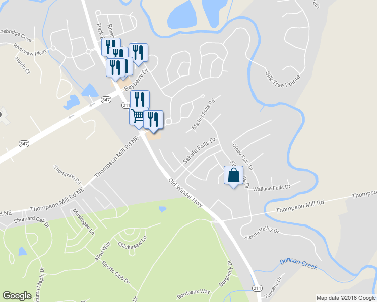 map of restaurants, bars, coffee shops, grocery stores, and more near 2431 Sahale Falls Court in Braselton
